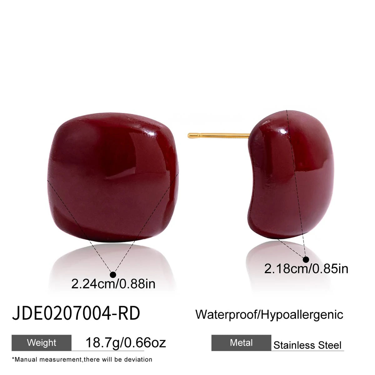 KIKA Vintage Square Red Double Color Drip Oil Ears Studs18K PVD Stainless Steel 316L Gold Color Irregular Drip Oil