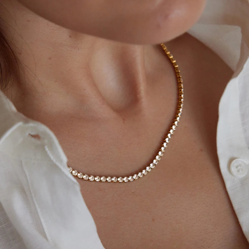 KIKA  Delicate 3MM Zircon Tennis Chain Necklace  Minimalist 18K Gold Plated Stainless Steel 316L