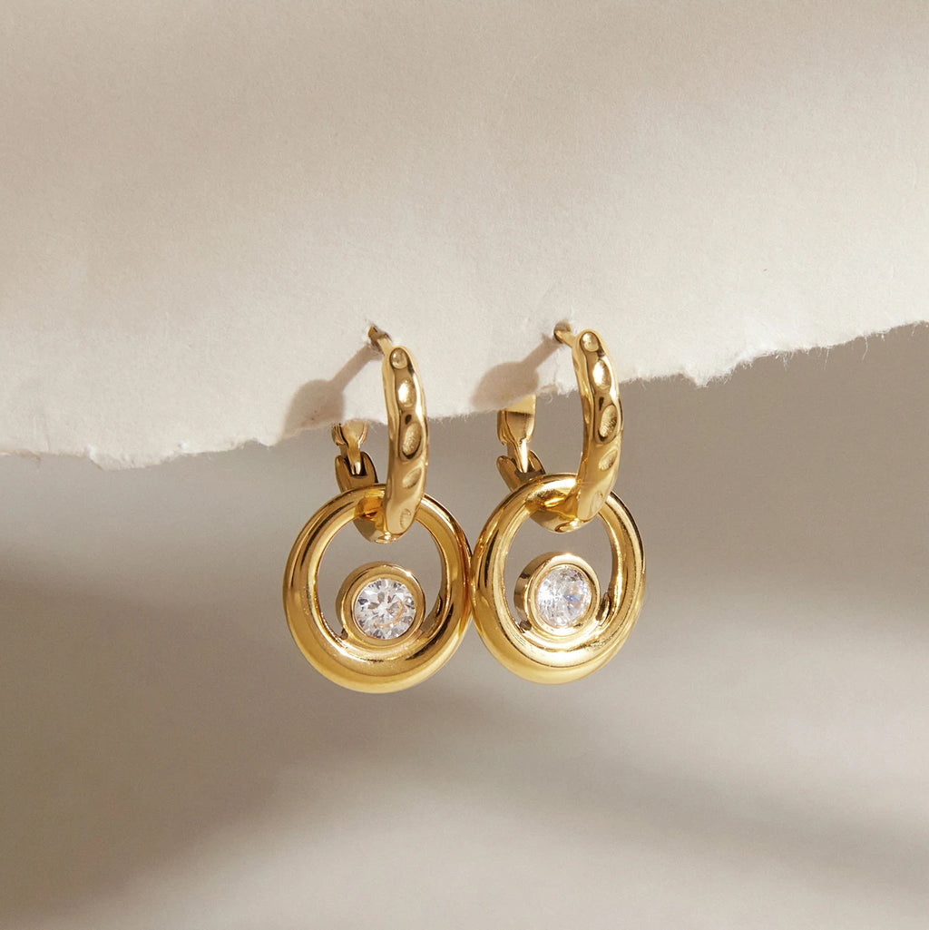 Kika Classic Round Zircon Drop Earrings Gold PVD Plated Stainless Steel 316L