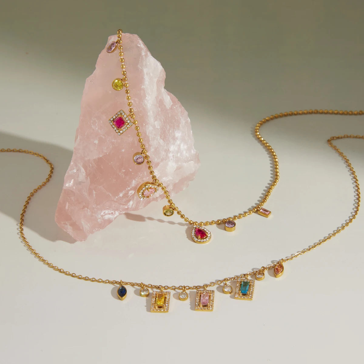 Kika Delicate 18K Colorful Square Geometric Zircon Pendant Bead Chain Necklace