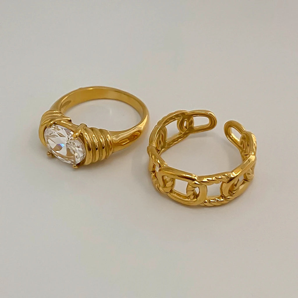 KIKA Exquisite Zircon Hollow Ring Texture Gold Color Stacked Ring PVD Plated Stainless Steel