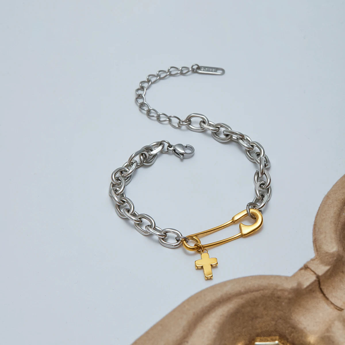 KIKA  Minimalist Two Tone Zircon Cross Pendant Paper Clip Bracelet Stainless Steel 316L Stackable Bracelet
