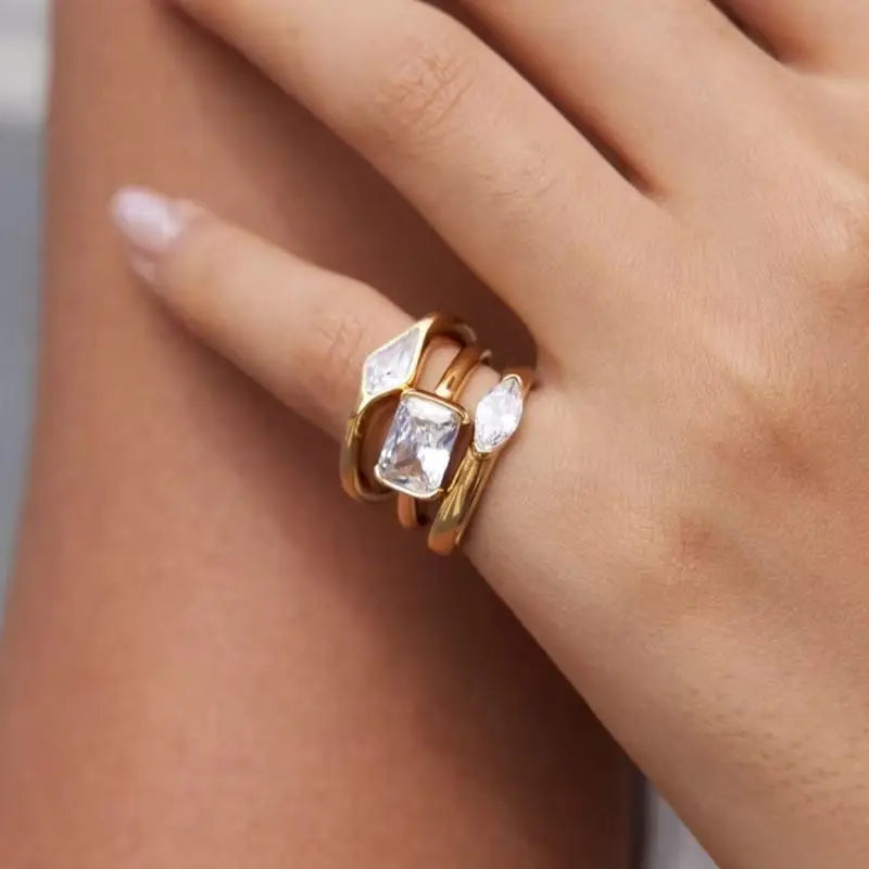 KIKA  Geometric Zircon Stackable Pinky Rings PVD 18K Gold Plated Stainless Steel 316L