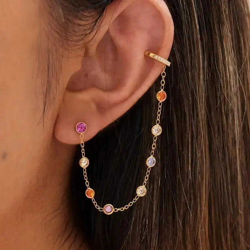 Kika 1 PC Delicate Zircon Chains Tassel Earring Gold PVD Plated Stainless Steel 316L