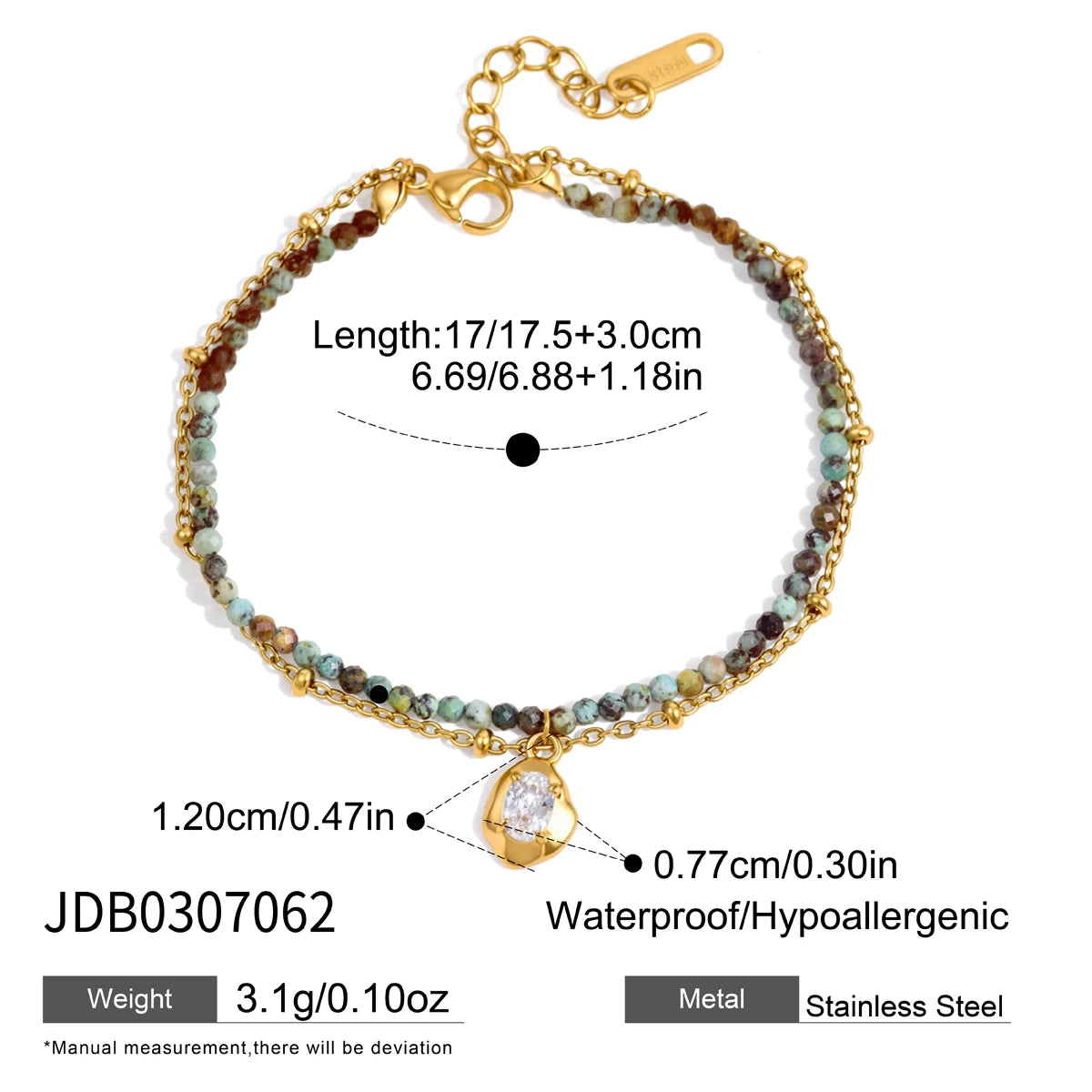 KIKA Vintage Geometric Pendant Natural Stone Beaded Bracelet For Women Minimalist 18K Gold PVD Plated Stainless Steel 316L Bracelet