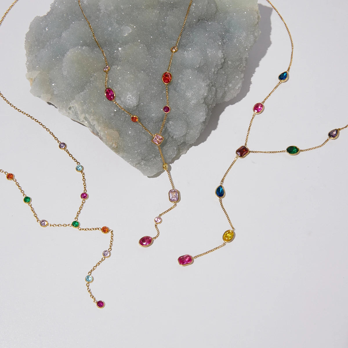Kika Multicolor Geometric Zircon Y Shape Chain Necklace PVD Plated Stainless Steel