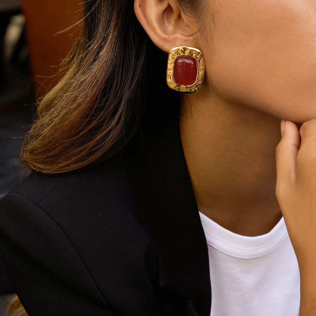 Kika Vintage Hammer Pattern Square Red Resin Ear Studs 18K Gold Color Plated Stainless Steel