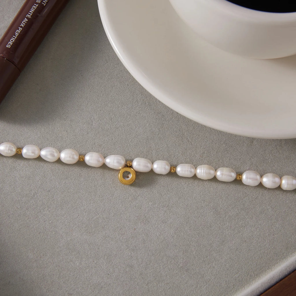 Kika Elegant Freshwater Pearl Chain Round Zircon Charm Bracelet