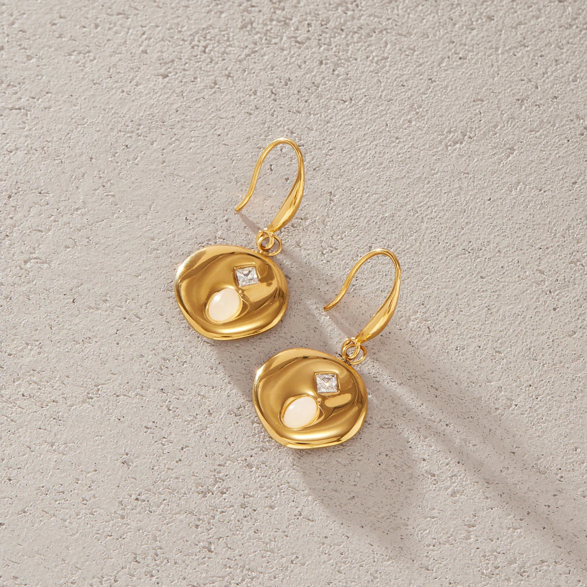 KIKA Natural Stone Zircon Coin Drop Earrings  PVD Plated Stainless Steel 316L