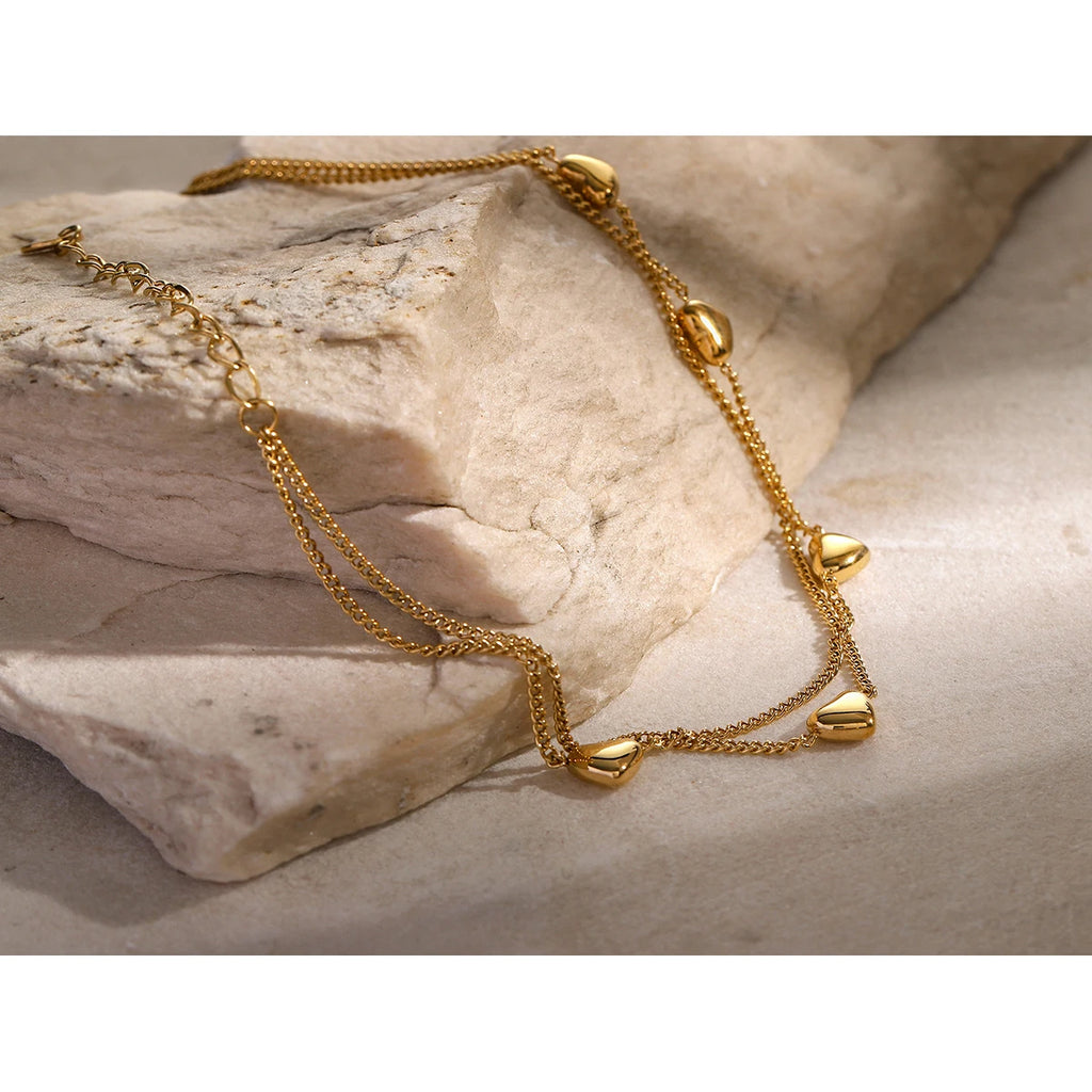 KIKA Chic Stainless Steel 316L Love Double Layer Anklet 18K Gold PVD Plated Waterproof Metal