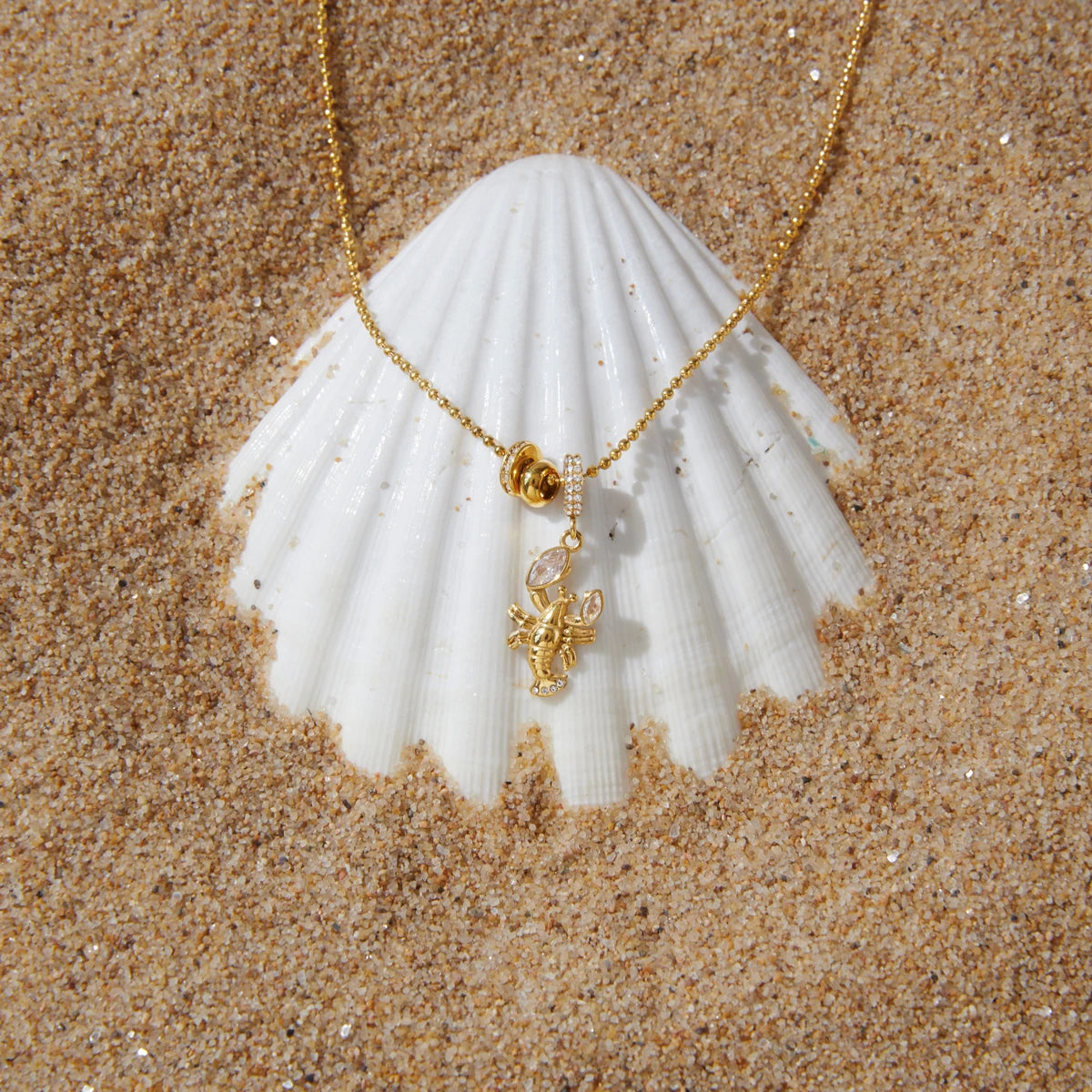 Kika Delicate Lobster Crab White Diamond Ring Bead Chain O-Chain Necklace