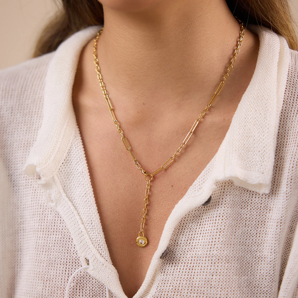 Kika Round Zircon Lock Pendant Y Shape Chain Necklace