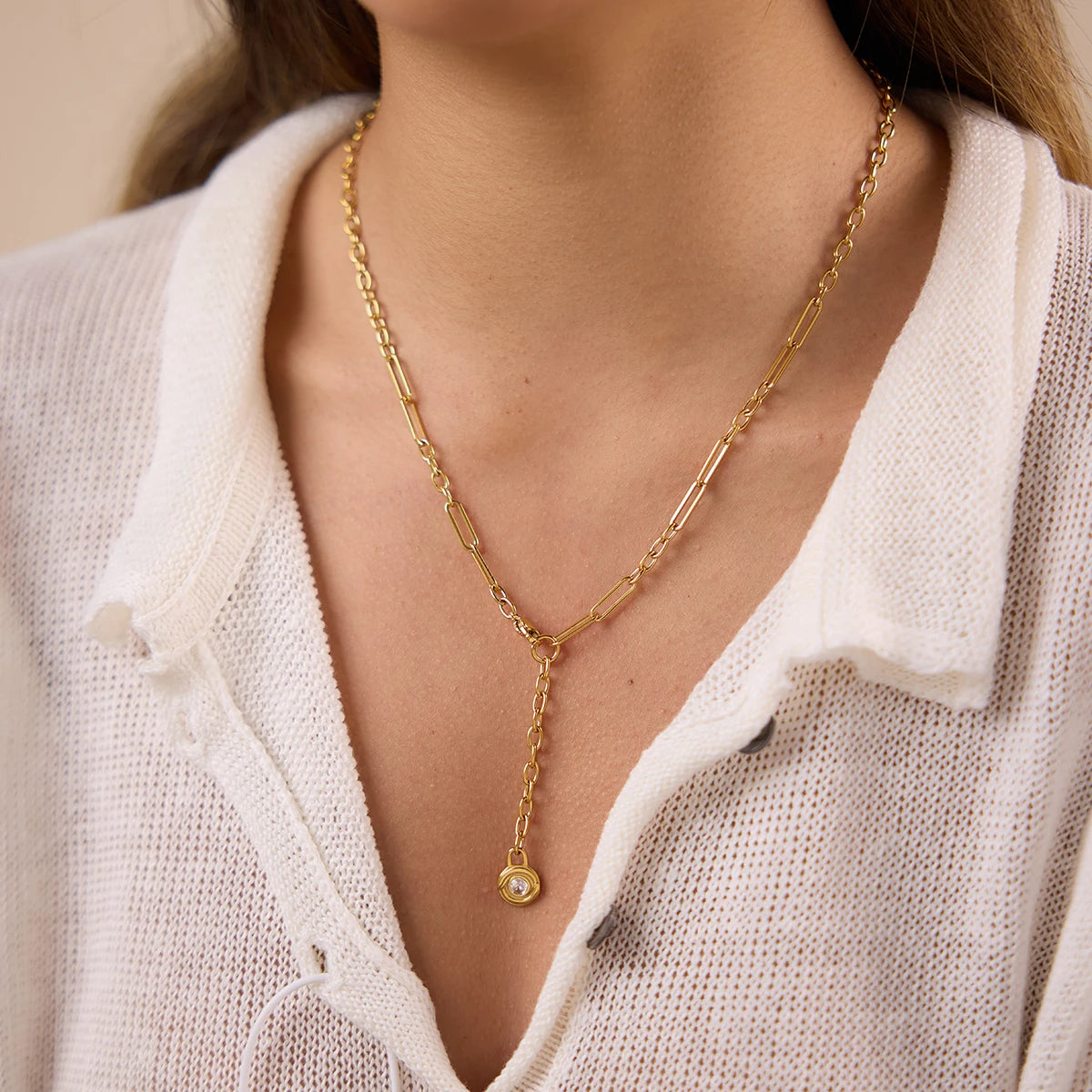 Kika Round Zircon Lock Pendant Y Shape Chain Necklace