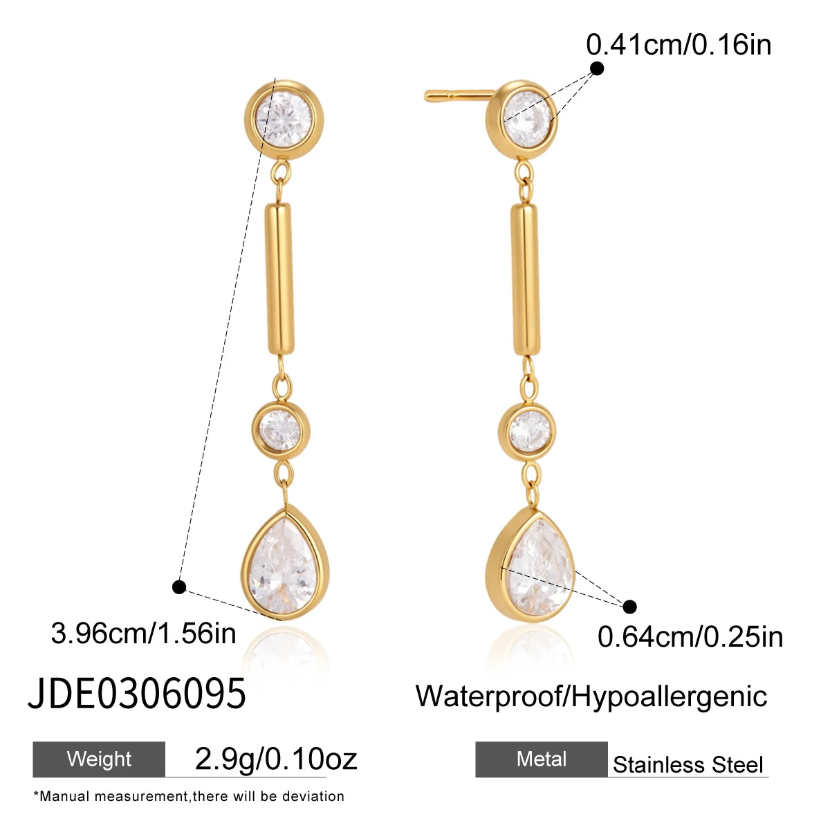 KIKA Elegant Geometric Zircon Long Drop Earrings 18K Gold Plated Stainless Steel 316L
