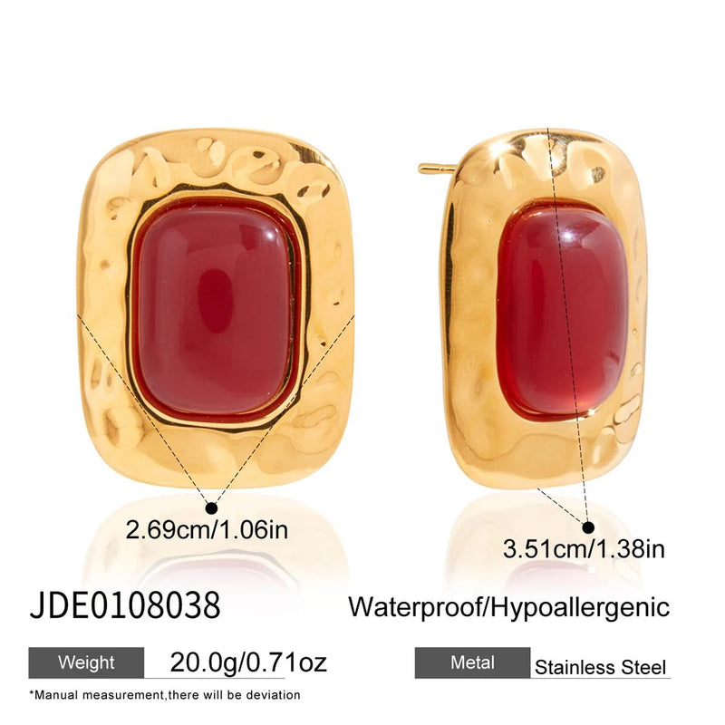 Kika Vintage Hammer Pattern Square Red Resin Ear Studs 18K Gold Color Plated Stainless Steel