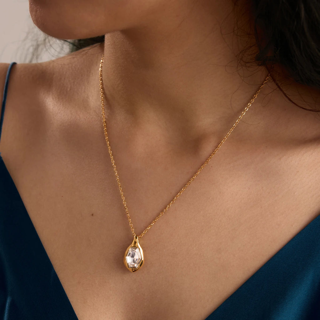 KIKA Elegant Glass Stone Pendant Necklace PVD Gold Plated Stainless Steel 316Lft