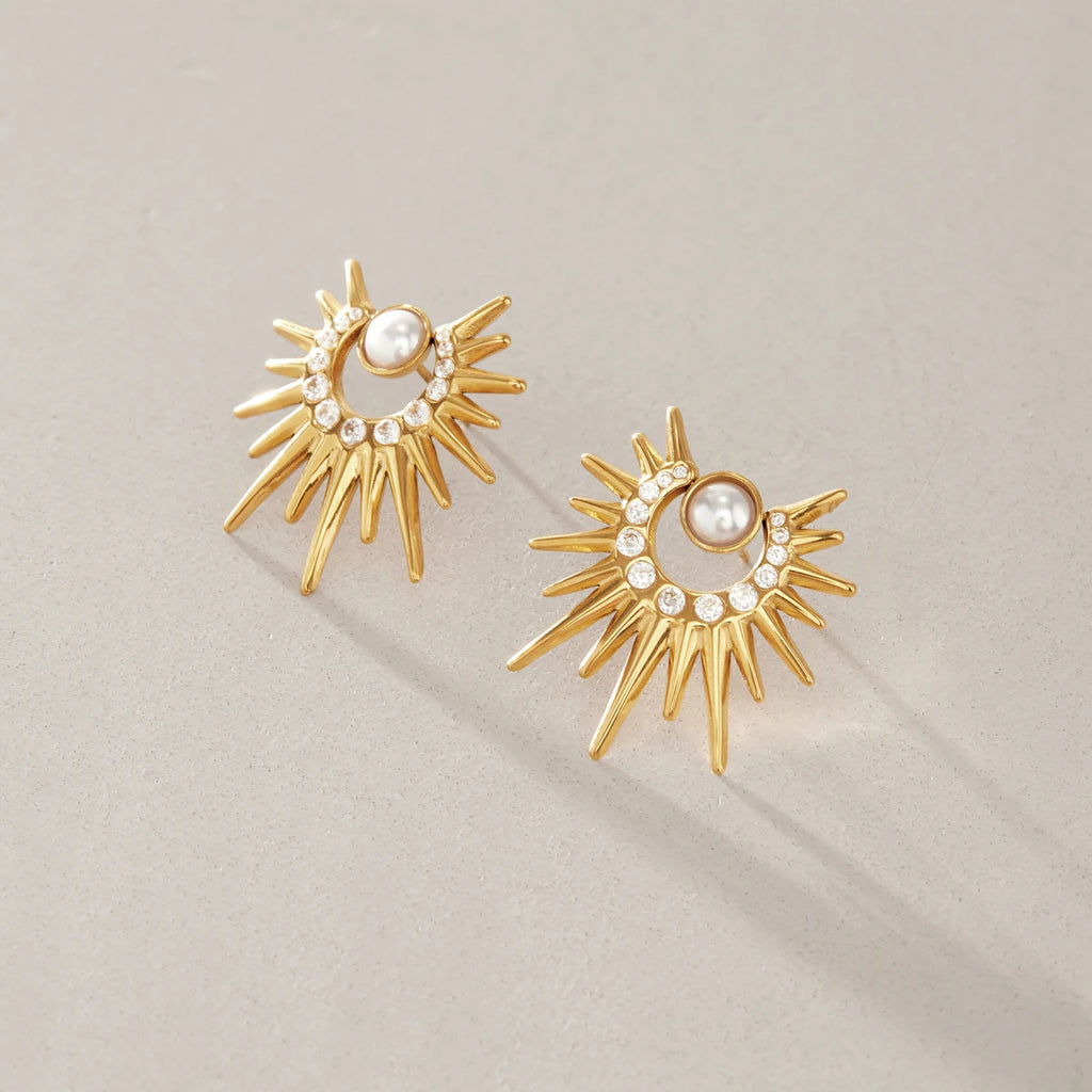 Kika Zircon Acrylic Pearl Sun Stud Earrings 18K Gold Plated Stainless Steel 316L