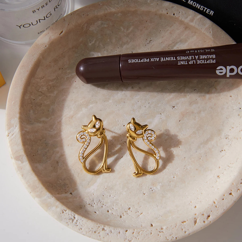 White Rhinestone Hollow Cat Shape Earrings