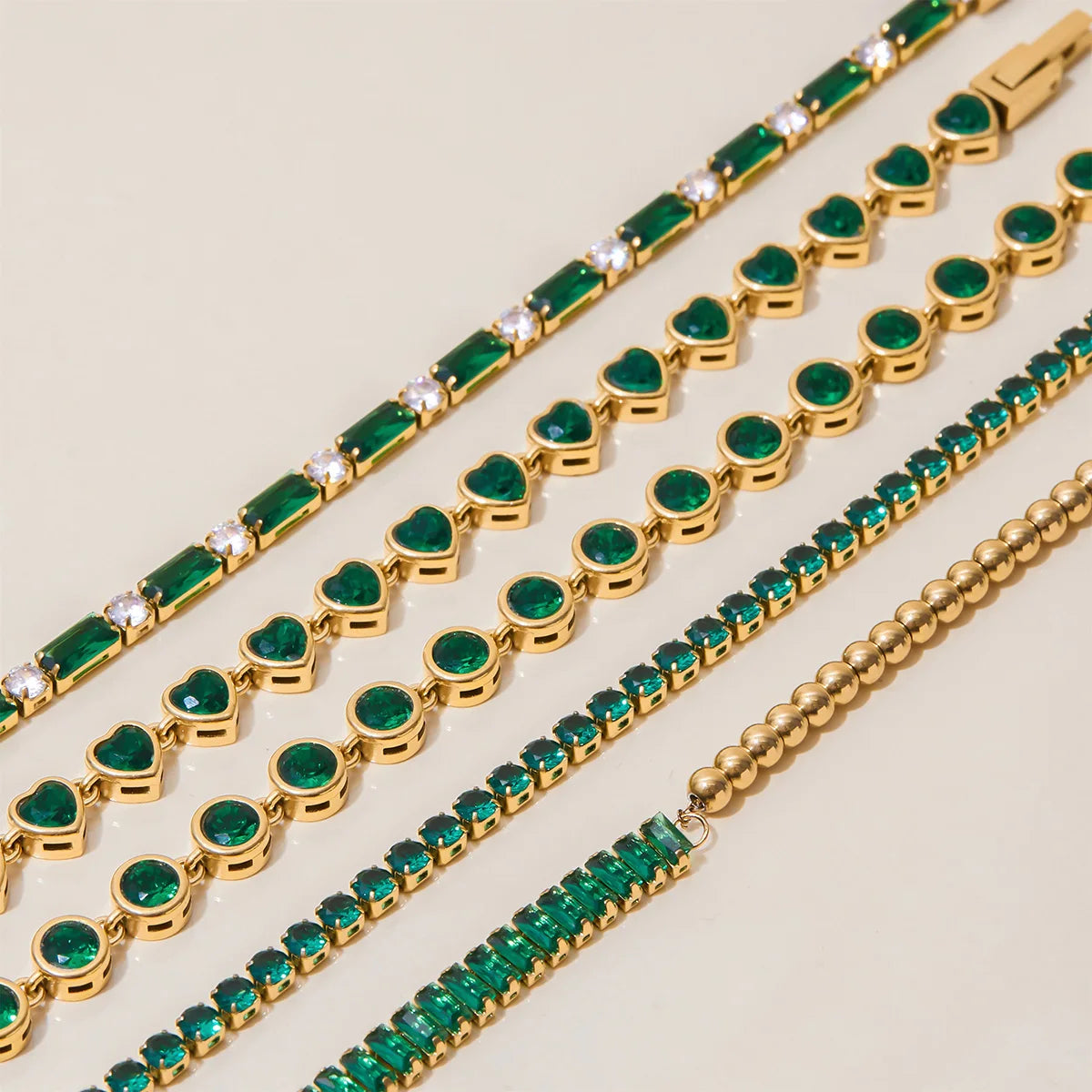 Kika Fashion Trend 18K Gold Color Plated Stainless Steel Rectangular Green Zirconia Chain Bracelet