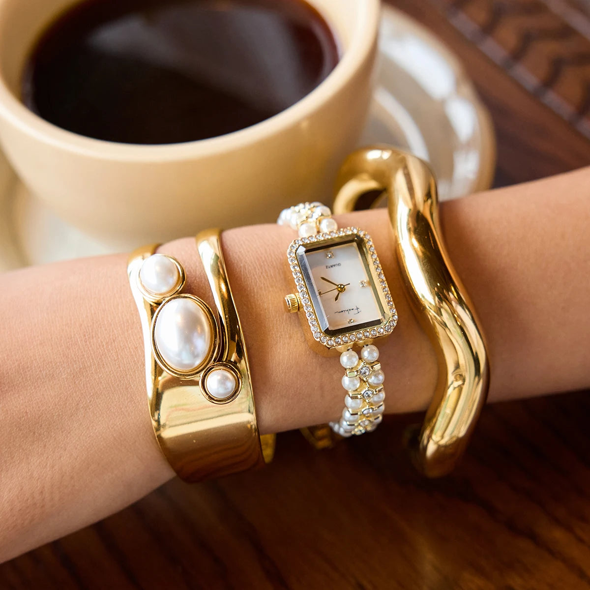 KIKA Fashion Pearl Rectangular Watch PVD  Plated Stainless Steel 316L