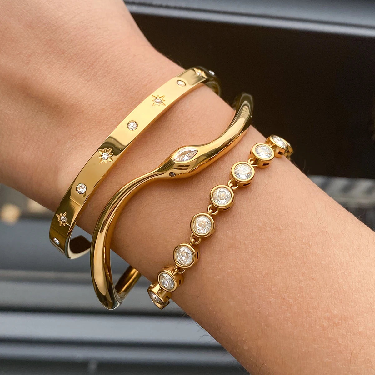 KIKA Minimalist White Zircon Spirit Snake Bracelet 18K Gold Color PVD Plated Stainless Steel 316L Irregular Bracelet