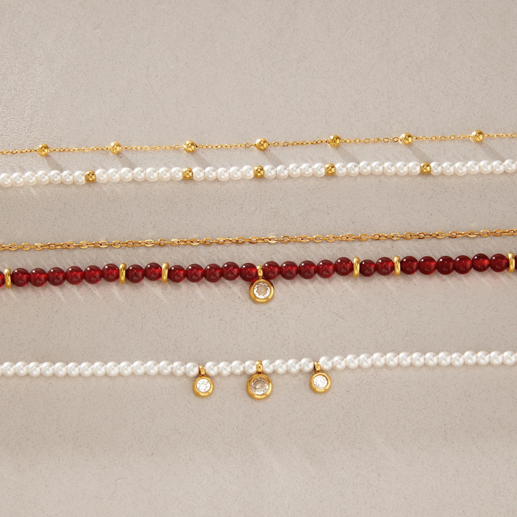 KIKA Red Agate Stone Imitation Pearl Beaded Necklace 18K Gold Plated Stainless Steel 316L