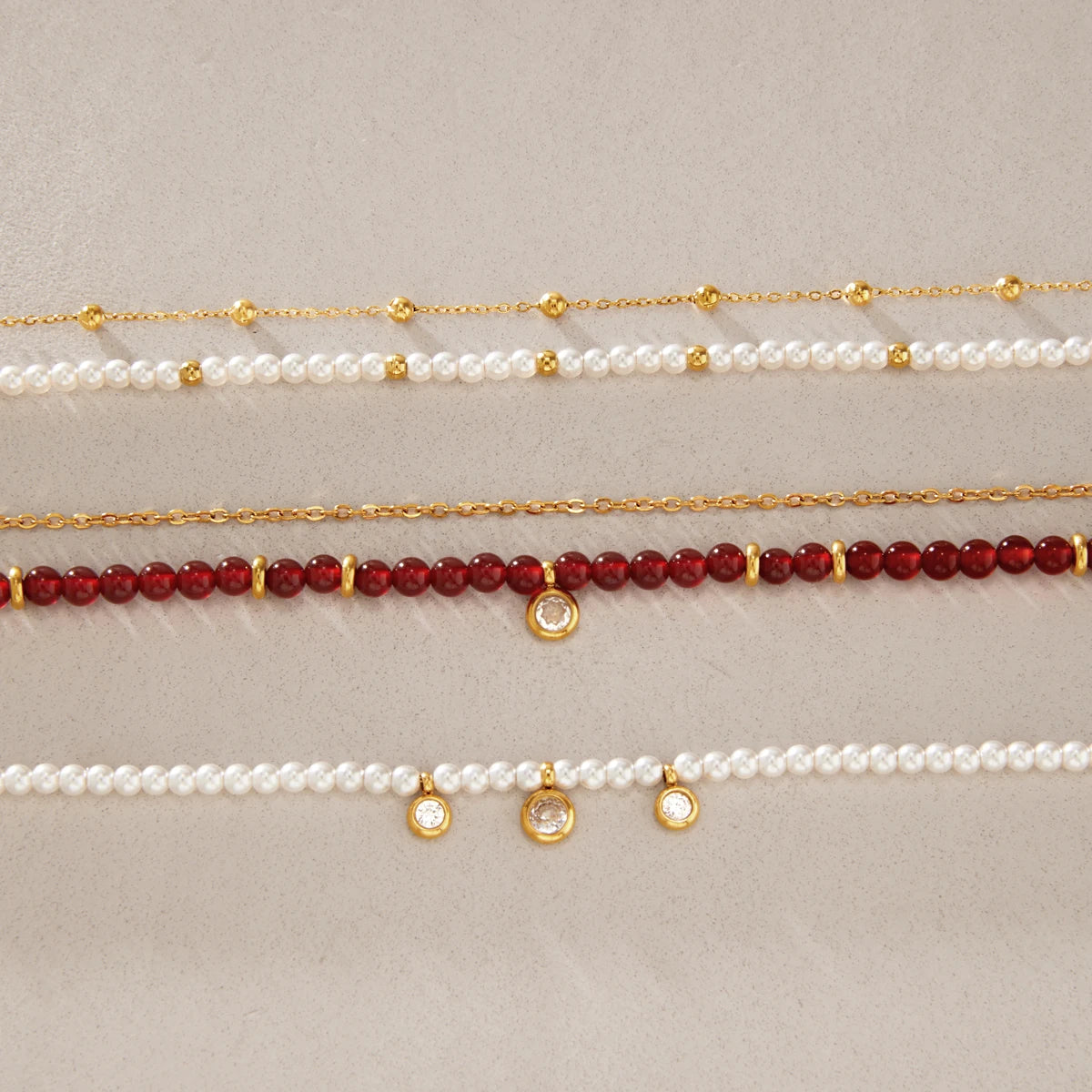 KIKA Red Agate Stone Imitation Pearl Beaded Necklace 18K Gold Plated Stainless Steel 316L