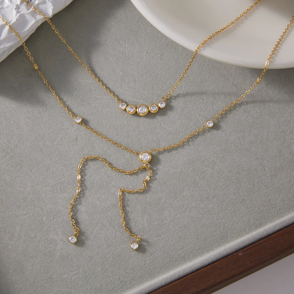 Kika Delicate Round White Zircon Smiley Face Y-Shaped Chain Double-Layer Necklaces