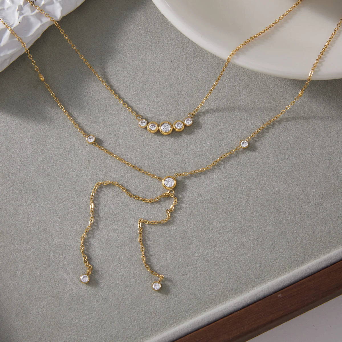 Kika Delicate Round White Zircon Smiley Face Y-Shaped Chain Double-Layer Necklaces