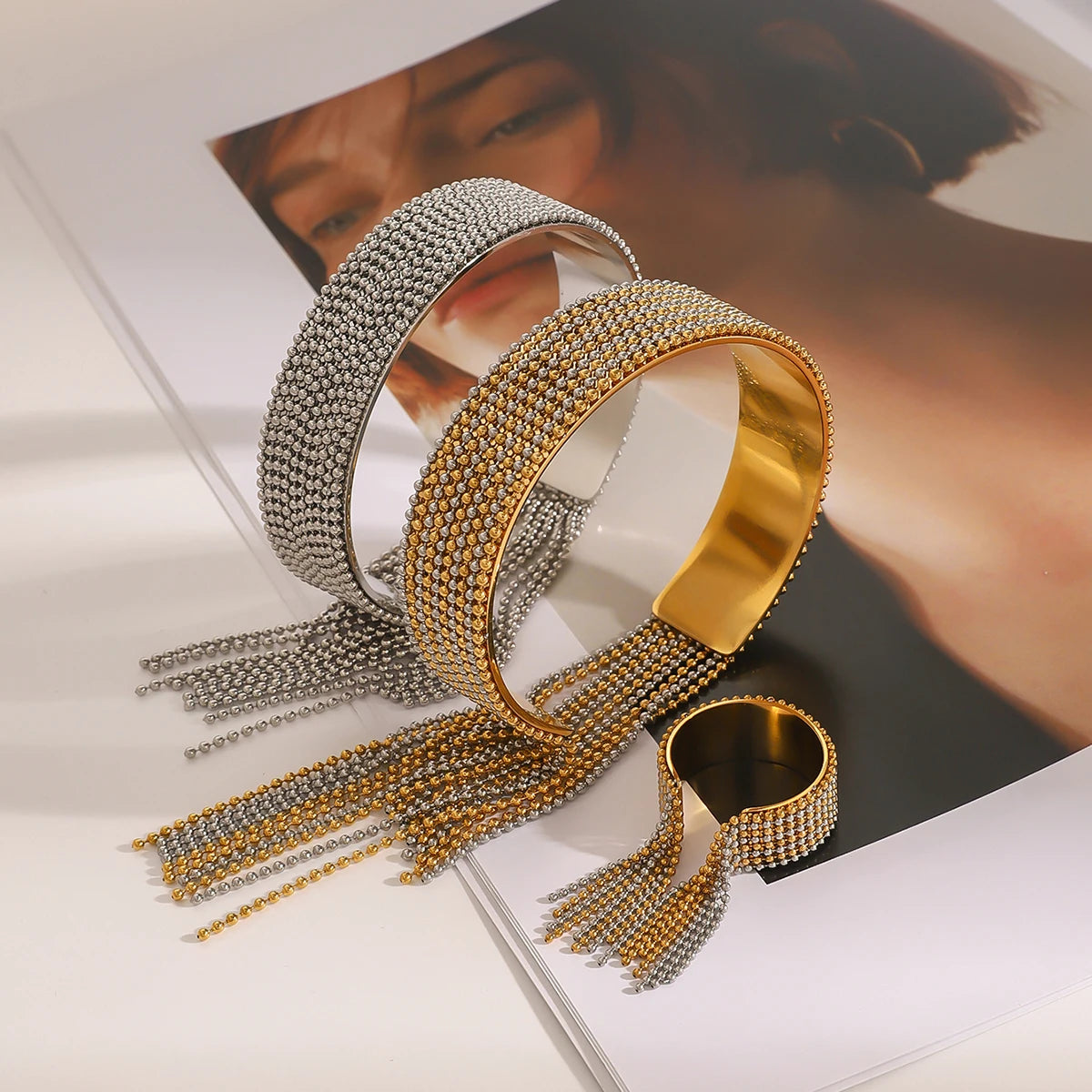KKA Personality Tassel Cuff Bracelet Bangle Gold And Silver Color Blocked Chain Bracelet Women's