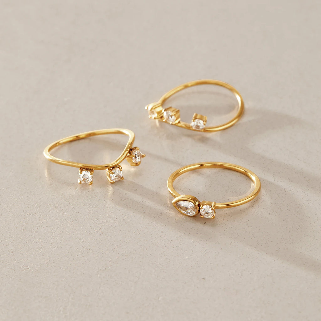 KIKA 3 Pcs/Set Stackable Geometric Zircon Rings For Women Minimalist 18K Gold PVD Plated Stainless Steel 316L