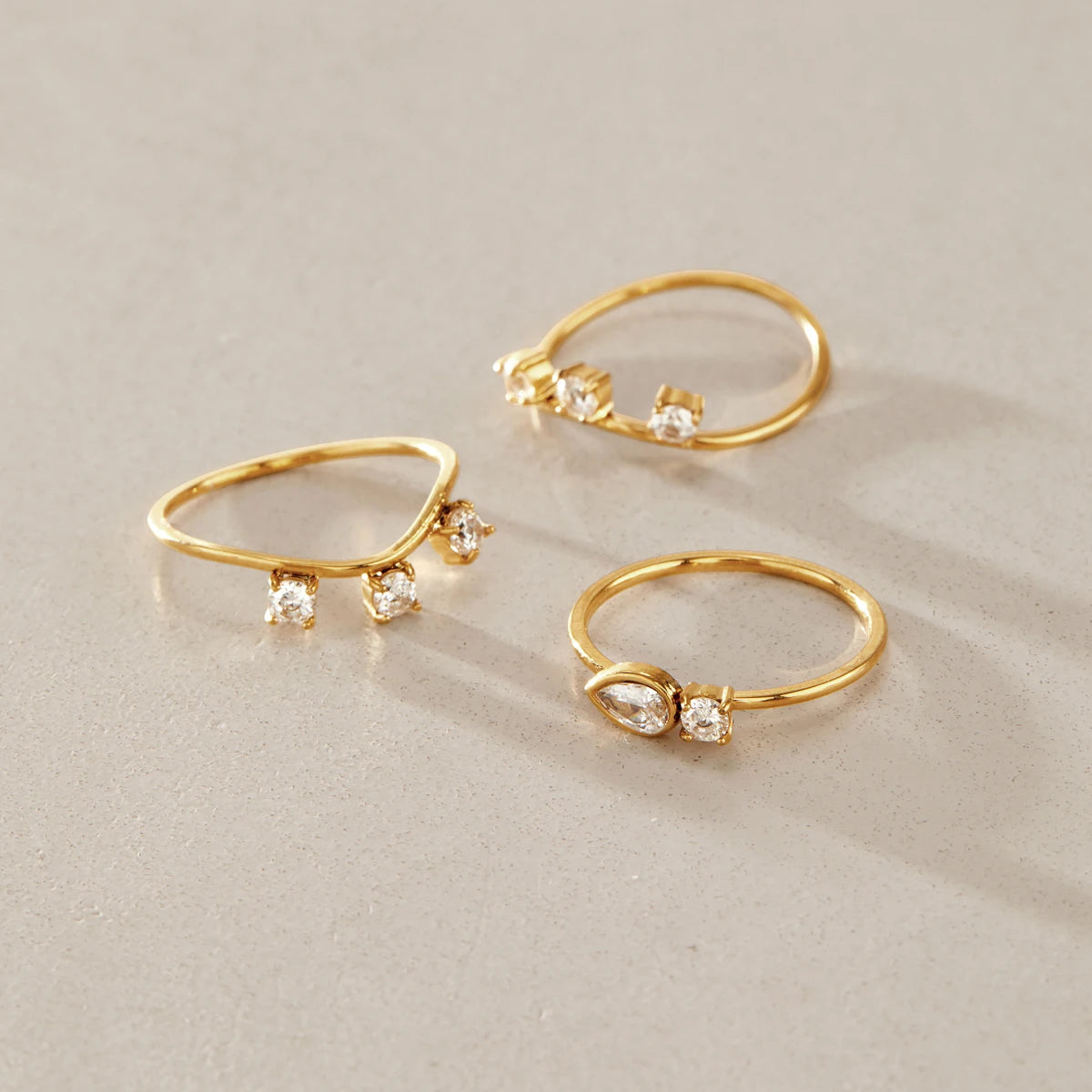 KIKA 3 Pcs/Set Stackable Geometric Zircon Rings For Women Minimalist 18K Gold PVD Plated Stainless Steel 316L