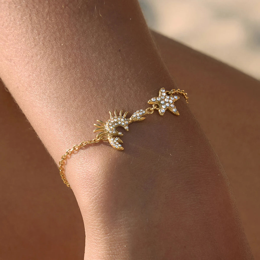 Kika Delicate Crab Starfish Lobster White Rhinestone Ring Bracelet