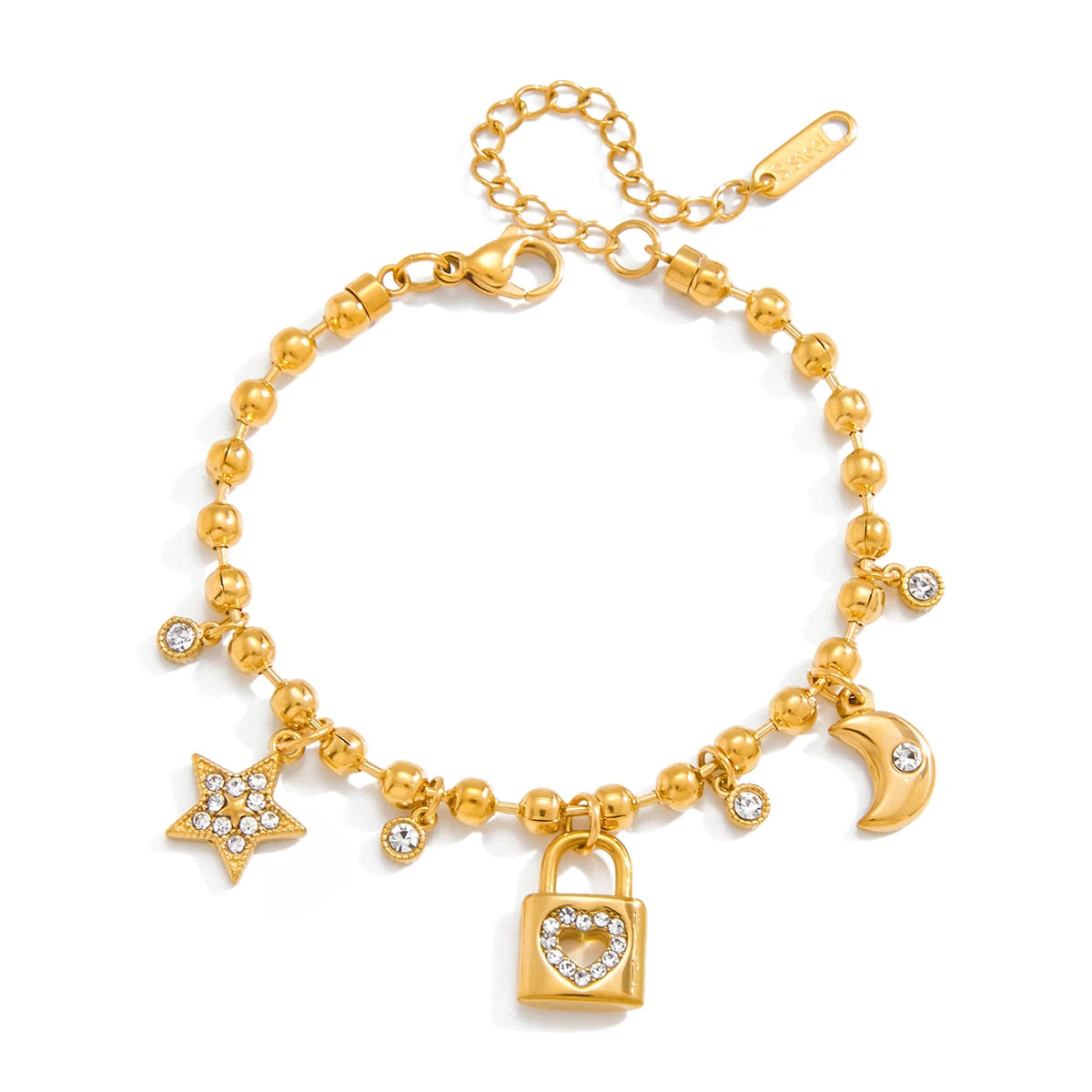 Kika White Rhinestone Star Heart-Shaped Hollow Lock Moon Pendant Bracelet