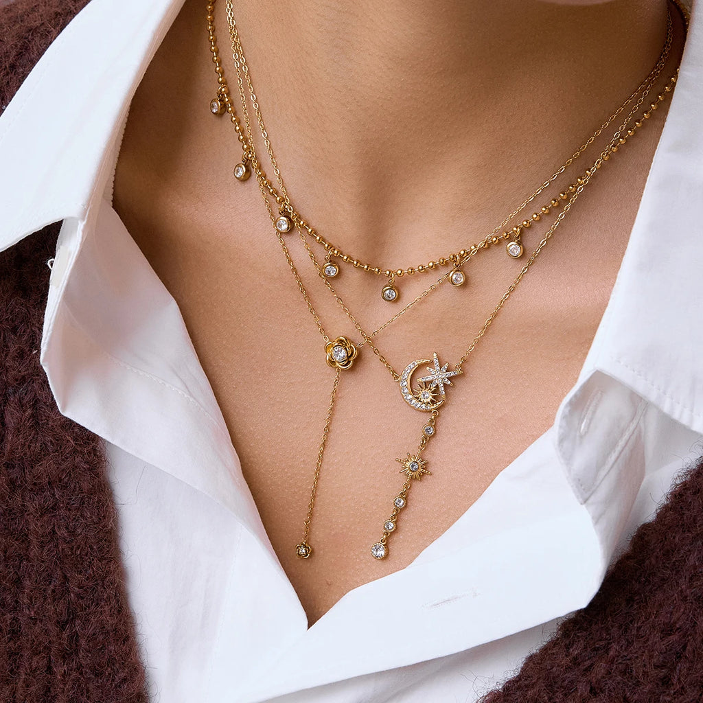 Kika Rhinestones Flower Star Moon Pendant Y-Shaped Chain Necklace
