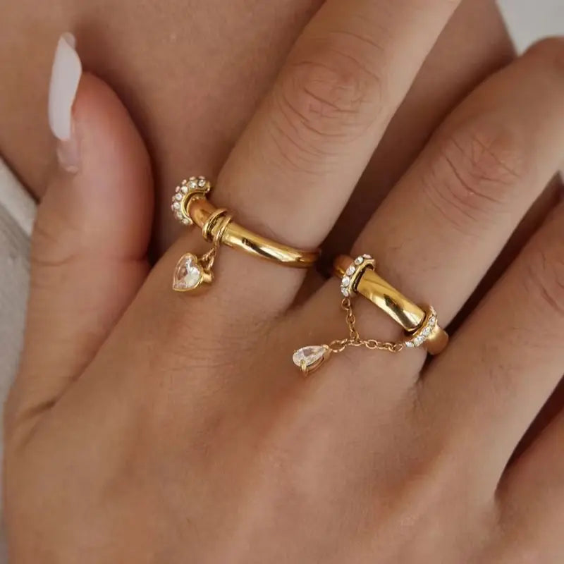 KIKA Zircon Heart Water Drop Little Charm Rings For Women Minimalist 18K Gold PVD Plated Stainless Steel Rings Fashion Jewelry
