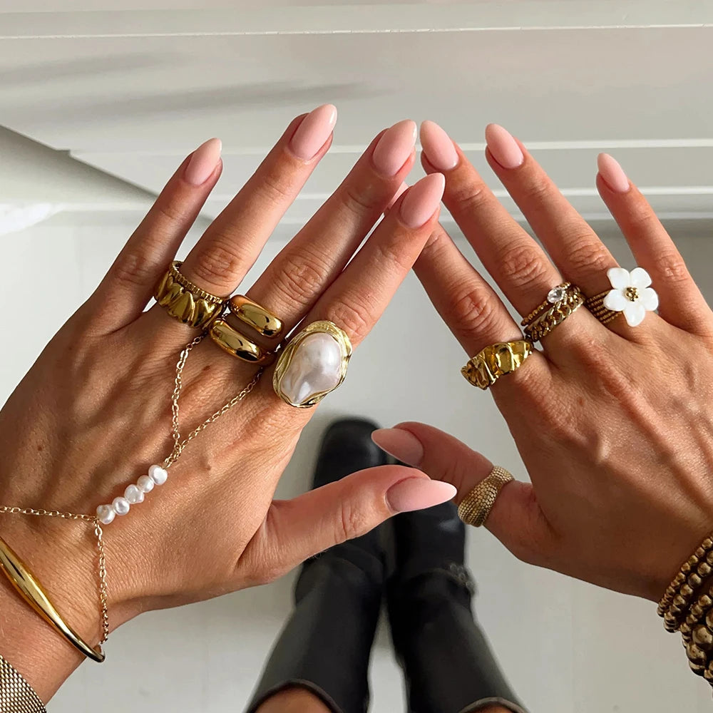 Kika Fashion Alien Pearl Ring 18K Gold Color Plated Stainless Steel Folded Foldable Ring