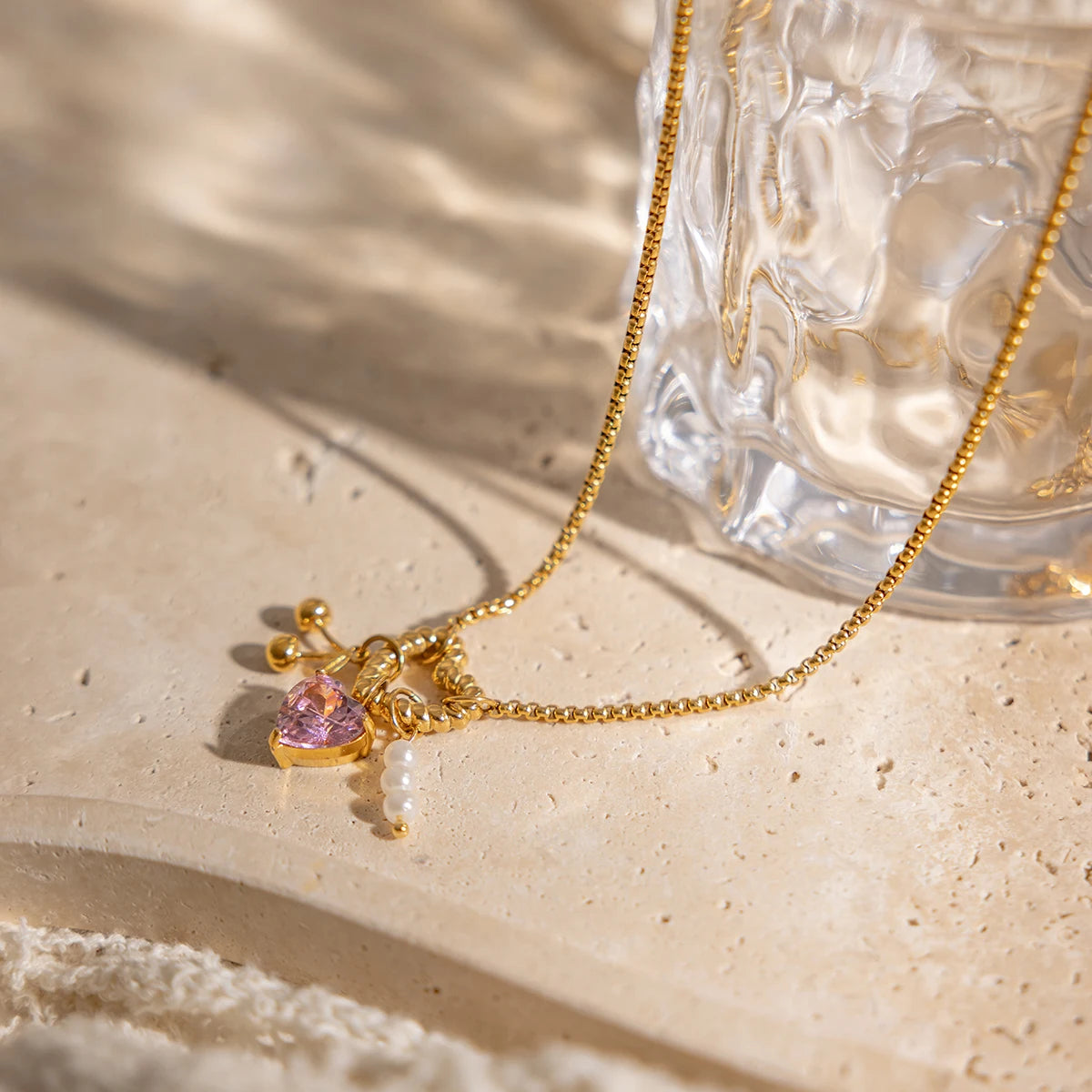 Kika Delicate Pink Heart-Shaped Zircon Pendant With Acrylic Pearl Cherry Charm Layered Necklace