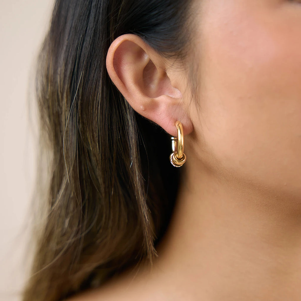 KIKA Delicate White Rhinestone C-Shaped Spliced Loop Earrings PVD Plated Stainless Steel 316L
