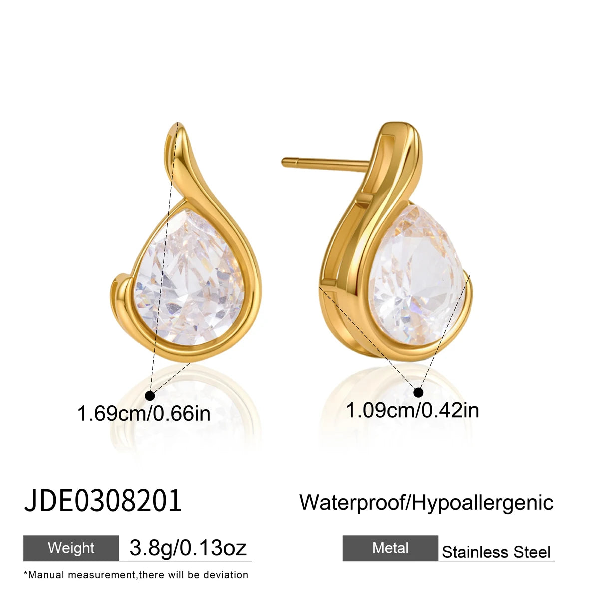 KIKA Elegant Water Drop Zircon Stud Earrings For Women Minimalist 18K Gold PVD Plated Stainless Steel Earrings Fashion Jewelry