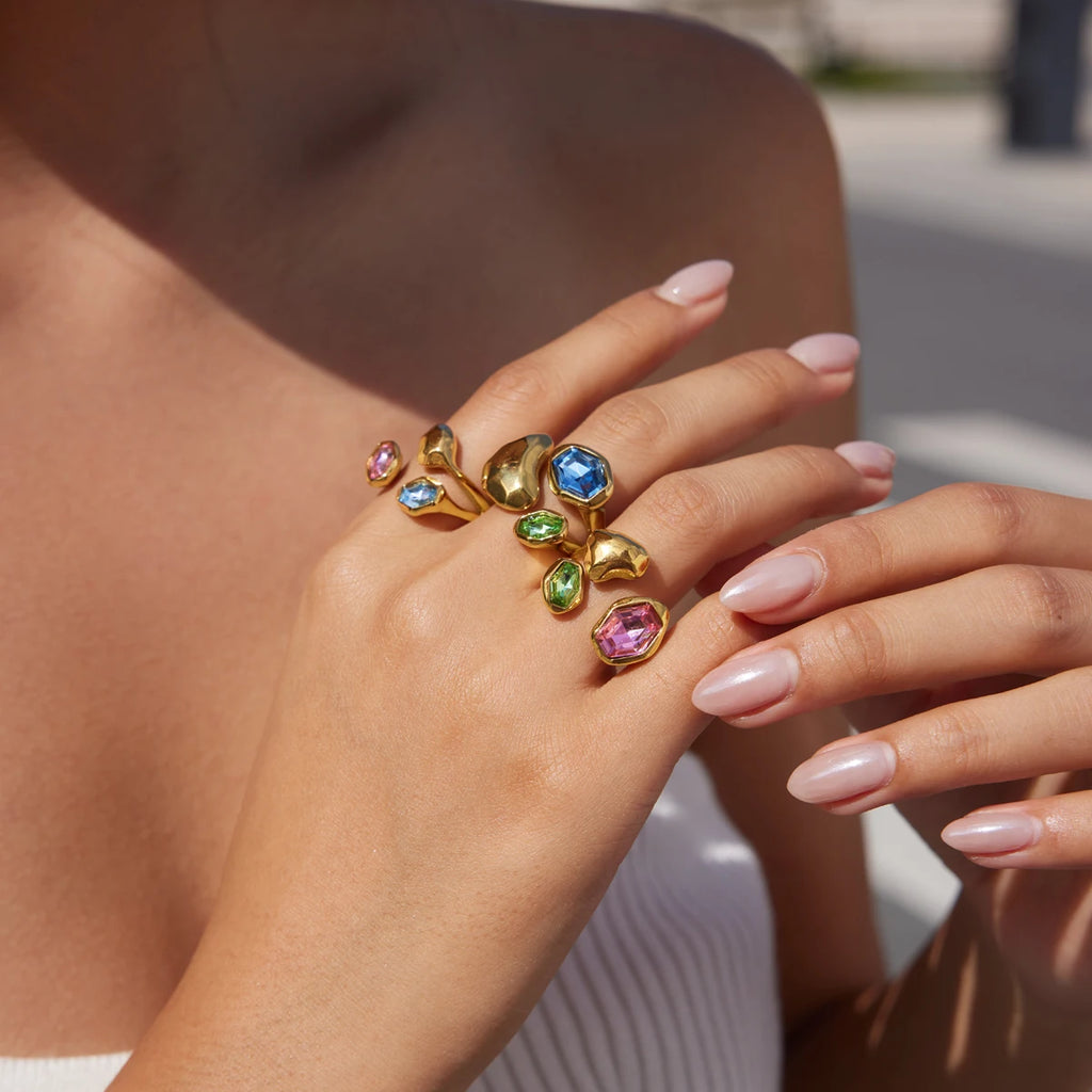 Kika Elegant Multicolor Glass Stone Geometric Open Rings 18K Gold Plated Stainless Steel 316L