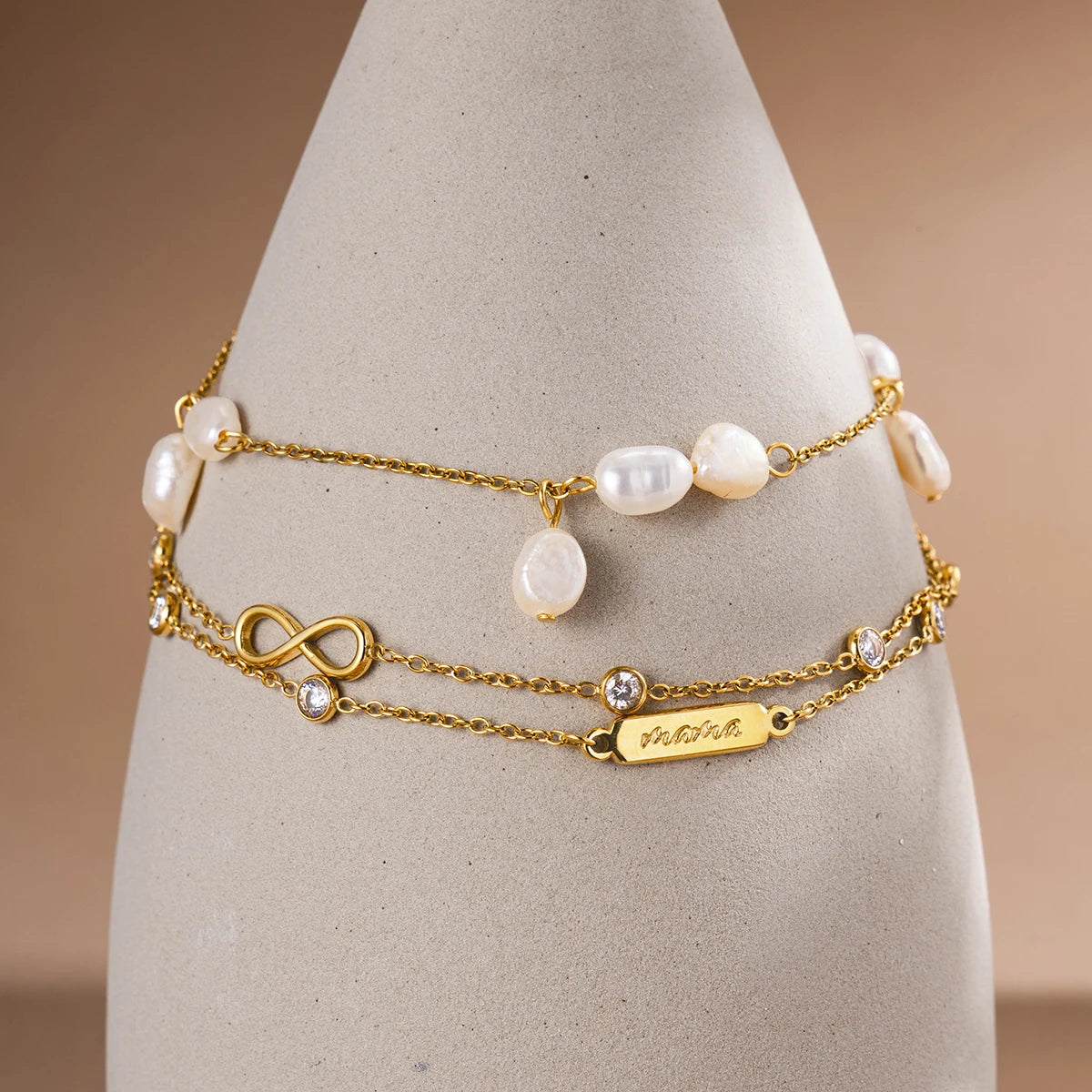 Kika Delicate White Round Zircon Infinite Symbol Mama Mother'S Day Double-Layer Bracelet With Freshwater Pearls
