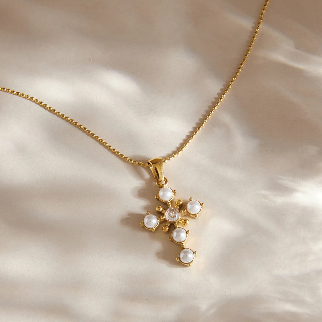 KIKA Classic Zircon Imitation Pearl Cross Pendant Necklace PVD 18K Gold Plated Stainless Steel 316L