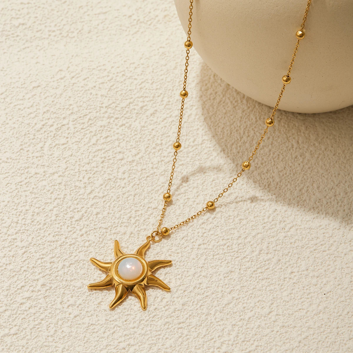 Kika  Designer Classic Opal Sun Pendant Bead Chain Necklace