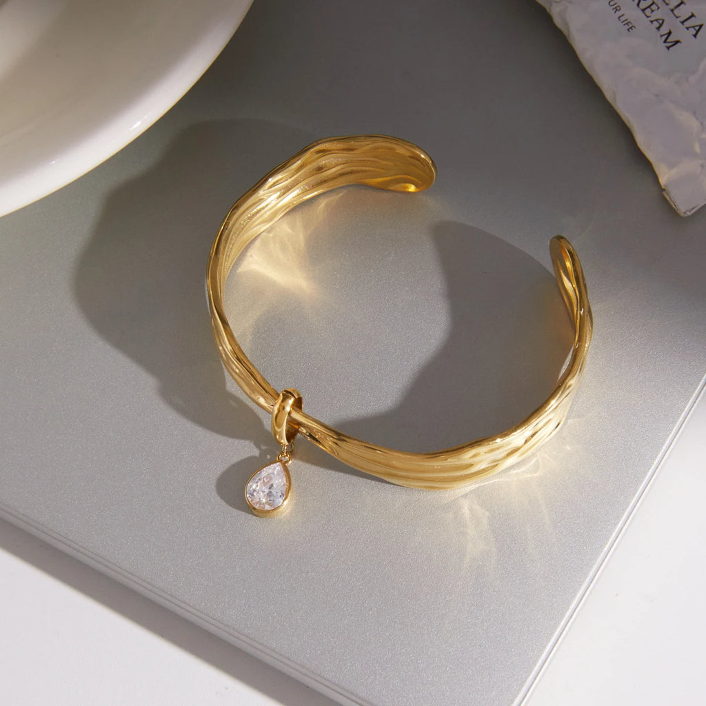 Kika Water Drop Zircon Wave Shape Cuff Bracelet Minimalist 18K Gold Plated Stainless Steel 316L