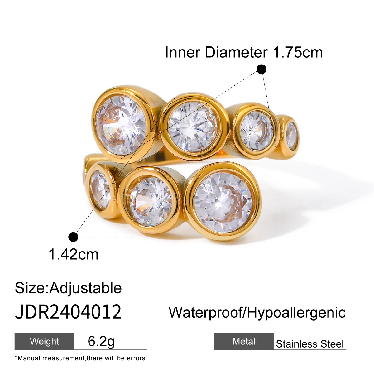KIKA Waterproof Luxury Shiny Cubic Zirconia Exquisite Stainless Steel 316L Chic Open Ring Adjustable