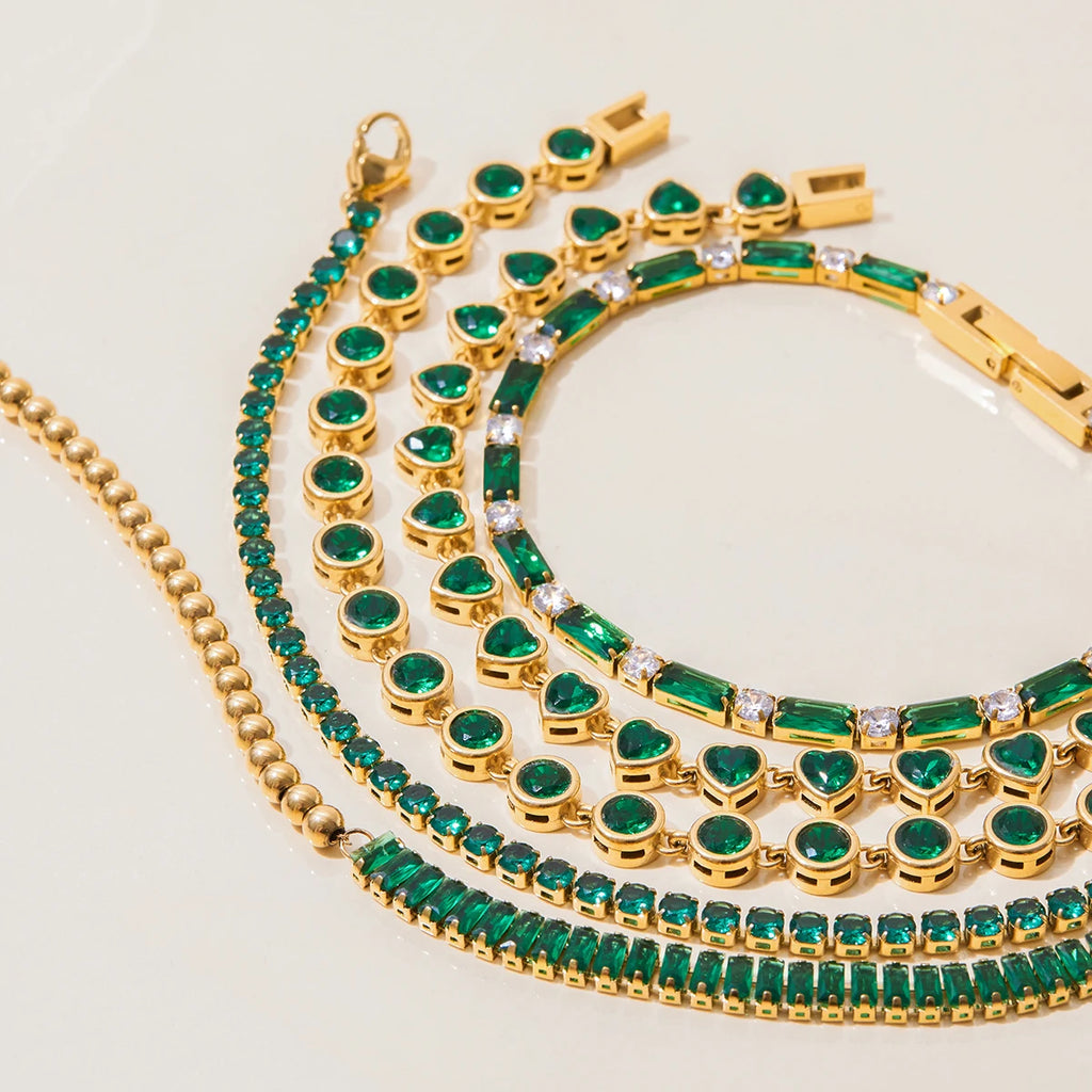 Kika Fashion Trend 18K Gold Color Plated Stainless Steel Rectangular Green Zirconia Chain Bracelet