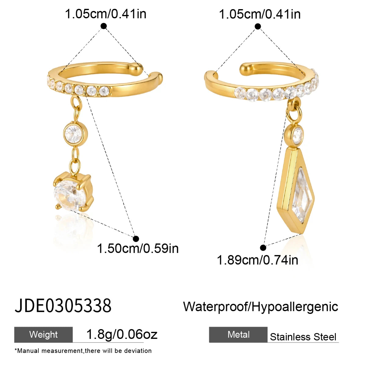 Kika Asymmetric Zircon Pendant Non-piercing Ear Clips 18K Gold PVD Plated Stainless Steel 316L