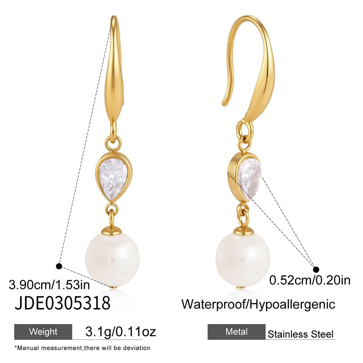 Kika Elegant Imitation Pearl Crystal Drop Earrings For Women 18K Gold PVD Plated Stainless Steel 316L