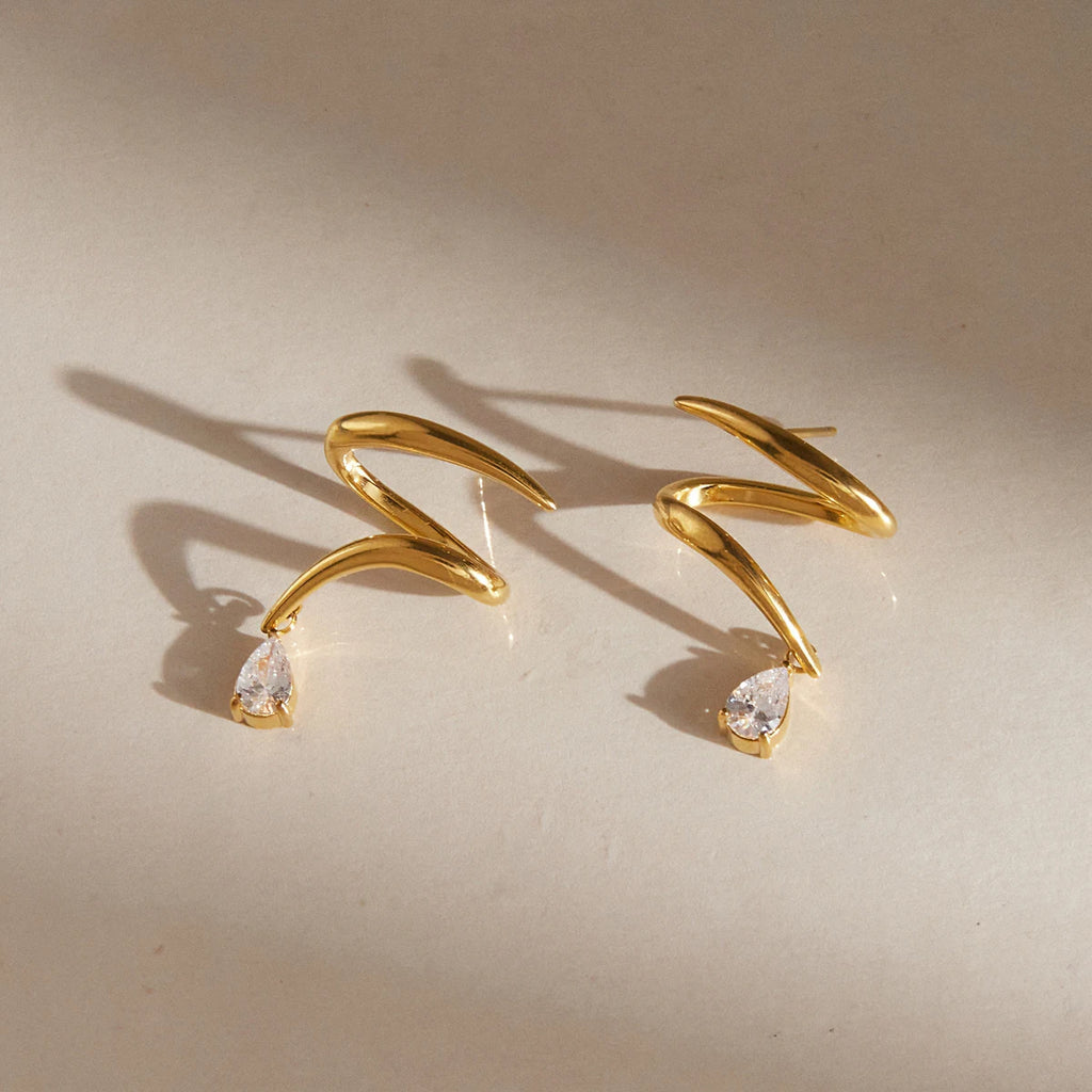 Kika Water Drop Zircon Earrings Minimalist Wave Shape 18K Gold PVD Plated Stainless Steel 316L
